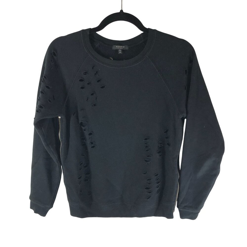Black Orchid Womens Sweatshirt Distressed Zip Sides Crew Neck Black XS